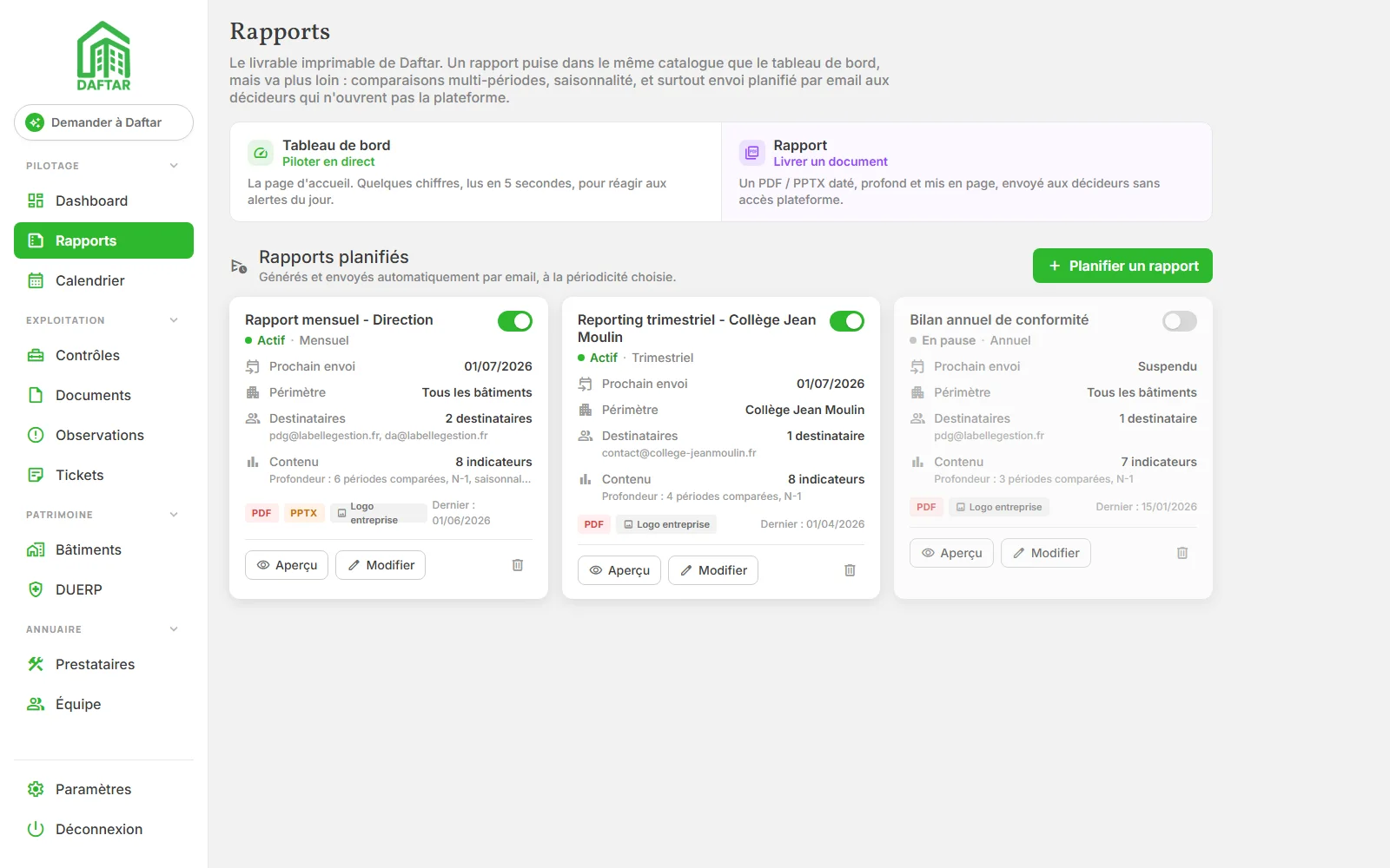 Rapports Daftar - diffusion planifiée et visionneuse publique
