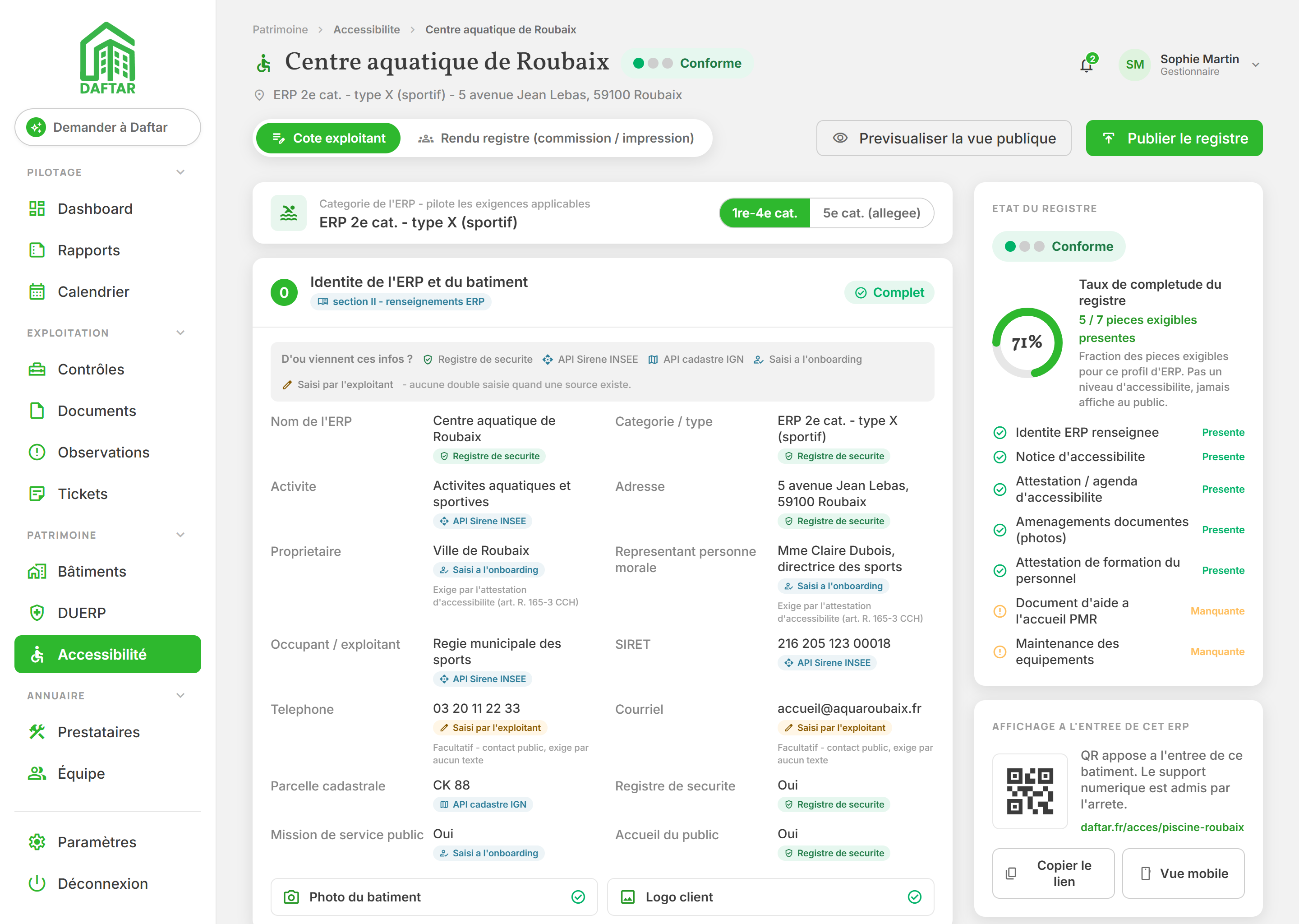 Registre d'accessibilité d'un ERP dans Daftar - attestations lues automatiquement, taux de complétude des pièces suivi en temps réel et QR code à publier à l'accueil